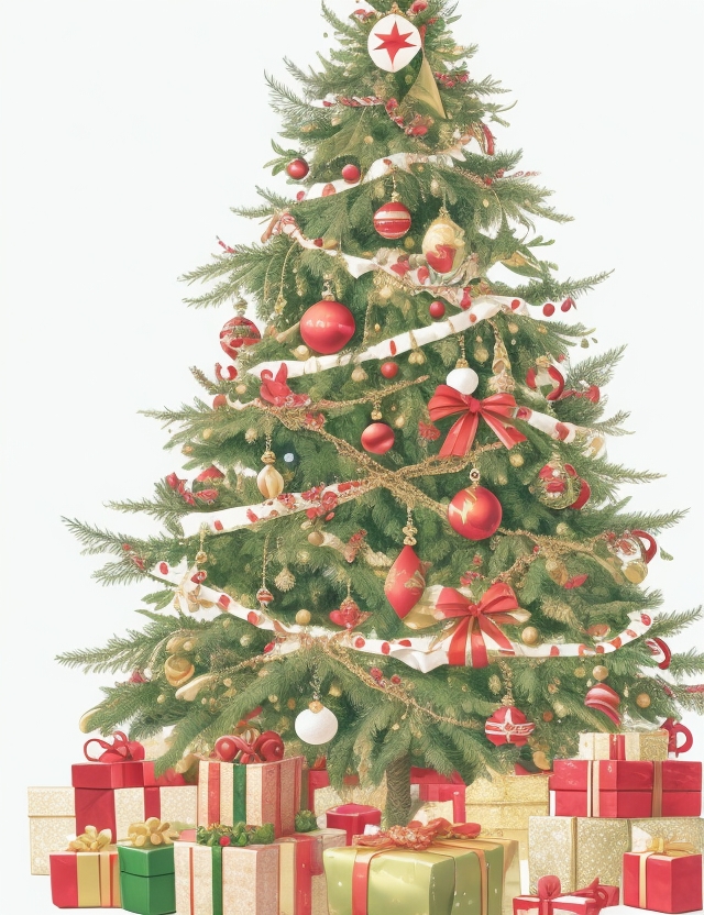 illustration of a christmas tree with lots of decorations,